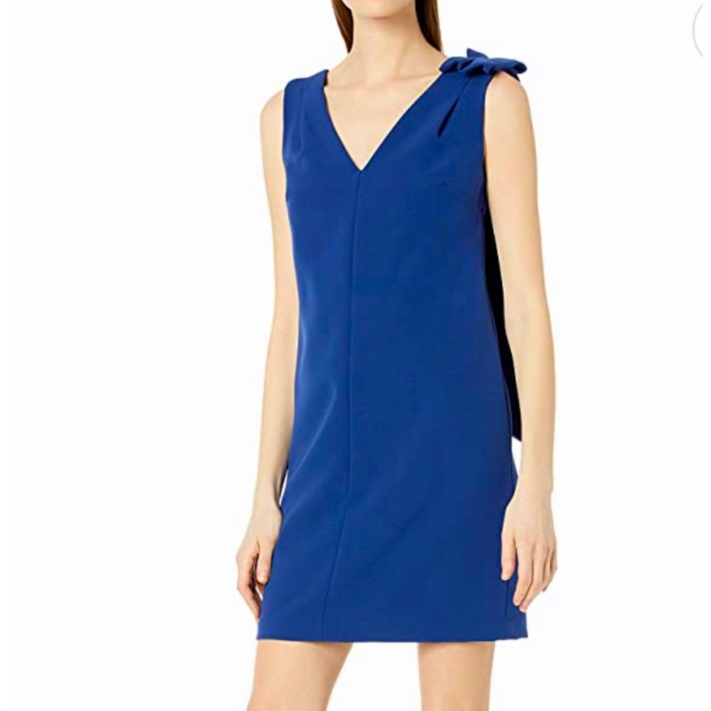 Donna Morgan Dress Sleeveless Blue Short Bow Shoulder V Neck Wedding Guest